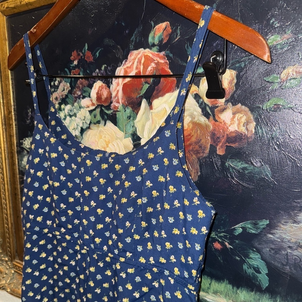 Rabbit Designs Vintage Navy Ditsy Floral 90s Print Midi Slip Dress Summer M
